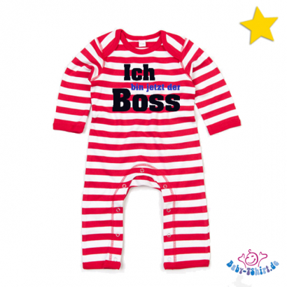 Babystrampler gestreift bedruckt mit "Ich bin jetzt der Boss"