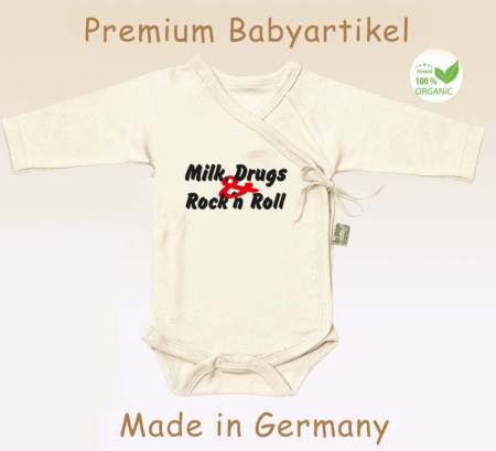 Babybody "Kimono zum Binden" einfarbig mit Spruch Milk Drugs & Rockn Roll