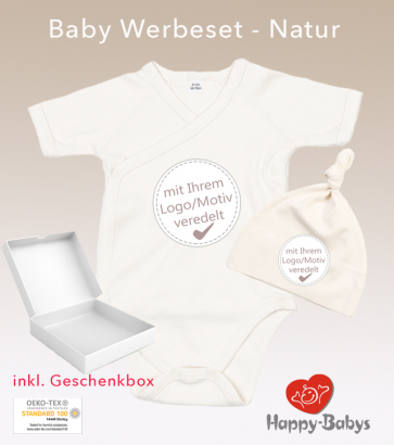 Baby Geschenkset mit Logoaufdruck: Set Babybody Kimono- Mütze