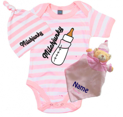 Geschenkset Mädchen 3-teilig  Babybody gestreift bedruckt mit "Milchjunky"