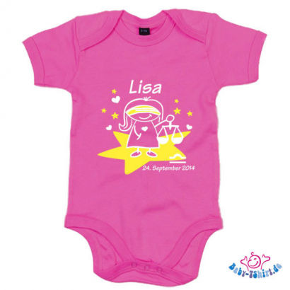 Babybody bedruckt mit Namen und Sternzeichen bedruckt "Waage"