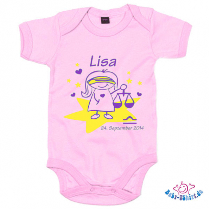 Babybody bedruckt mit Namen und Sternzeichen bedruckt "Waage"