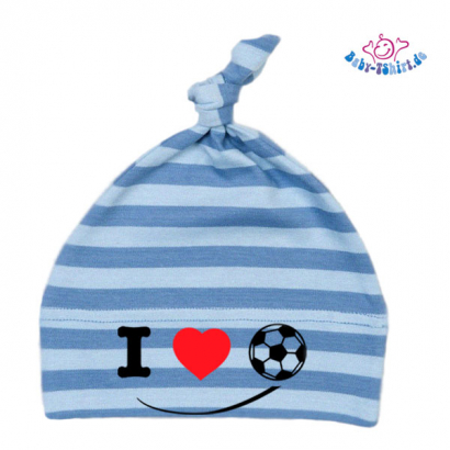 Babymütze gestreift bedruckt mit  "I Love Fußball"