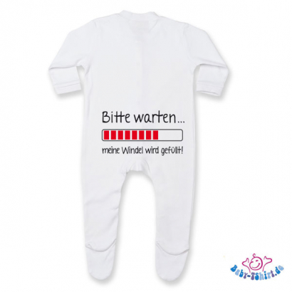 Babystrampler  mit Füßchen bedruckt mit "Bitte warten - meine Windel wird gefüllt"