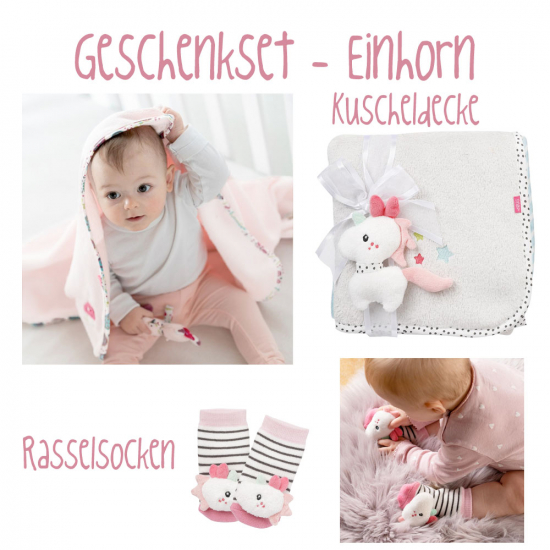 Geschenkset Einhorn: Babydecke + Rasselsocken Babyfehn