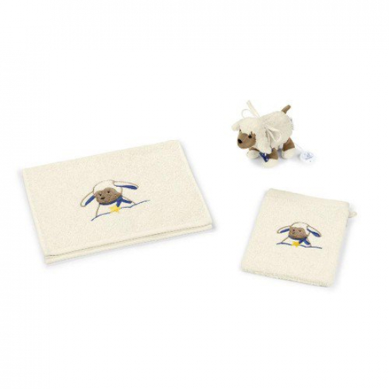 Sterntaler Baby Geschenkset  "Stanley" 3-teilig, Babyhandtuch, Waschlappen + Schmusetier Spieluhr