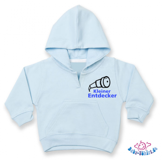 Kuscheliger Baby Sweater mit Kapuze bedruckt mit "kleiner Entdecker"