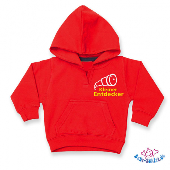 Kuscheliger Baby Sweater mit Kapuze bedruckt mit "kleiner Entdecker"