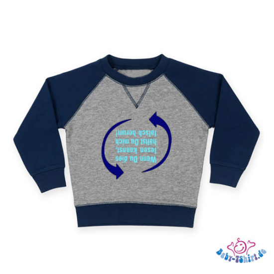 Kuscheliges Baby Sweatshirt in Blau/Grau bedruckt mit "Falsch herum"