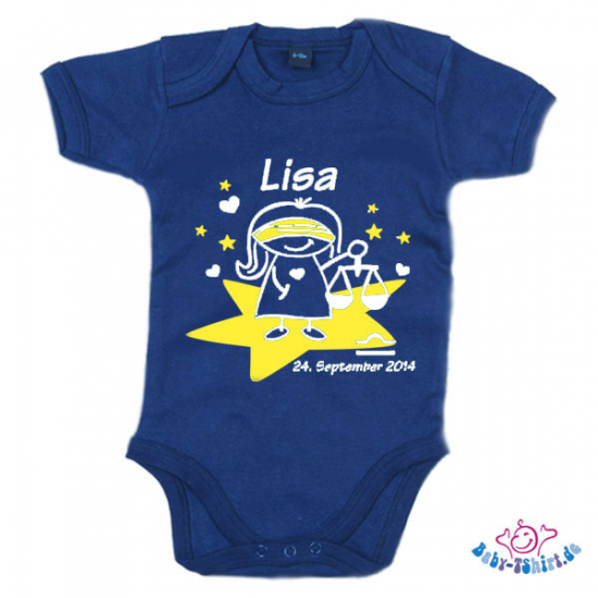 Babybody bedruckt mit Namen und Sternzeichen bedruckt "Waage"