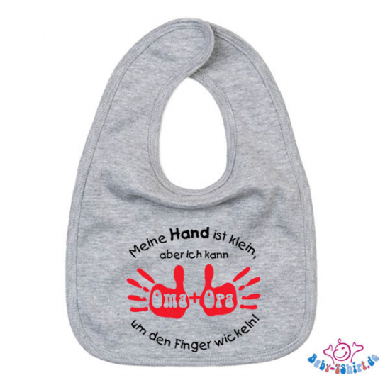 Babylätzchen 2 farbig bedruckt mit "Meine Hand ist klein, aber ich kann Oma und Opa um den Finger wickeln"