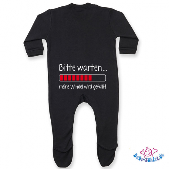 Babystrampler  mit Füßchen bedruckt mit "Bitte warten - meine Windel wird gefüllt"