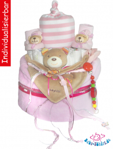 Süße Windeltorte XXL für Mädchen in Pink/Rosa/Weiss individuell bedruckt